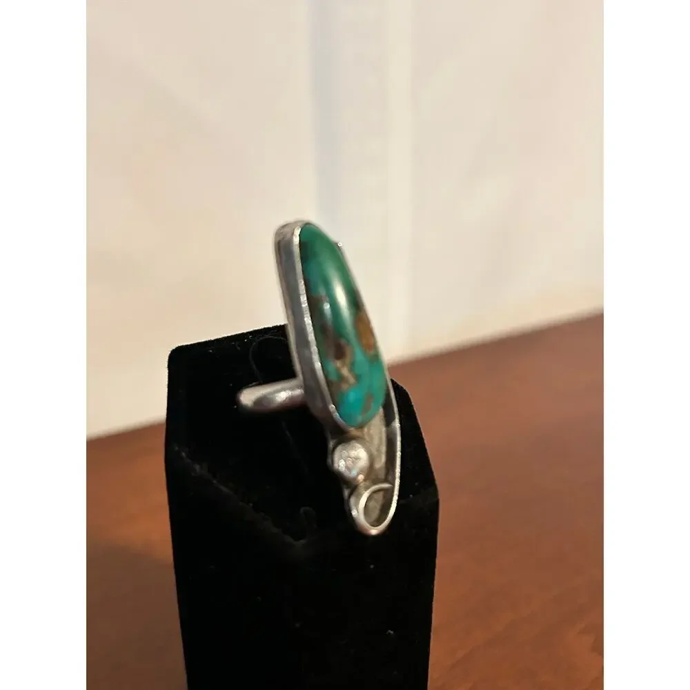 Vintage S W Southwestern Real Turquoise Ring Size 5.75 Silver Tone Bezel Set